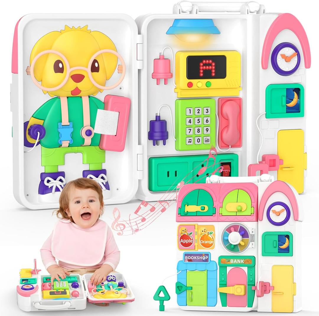 Montessori Toys for 1+ Year Old Girl Gifts, Busy Board Educational Toddler Toy Age 1-2, First Christmas 1st Birthday Gifts for 1+ Year Old Girl Boy (Pink)