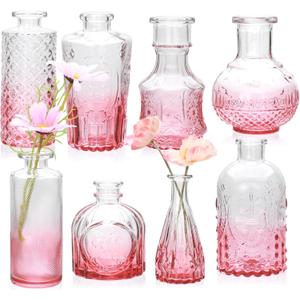 Pink Small Flower Vase Set, Glass Bud Vase in Bulk Set of 8, Artistic and Cultural Flavor Mini Vases for Home Office Decor, Bedroom, Office, Living Room Decorations, Wedding