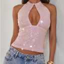 MakeMeChic Women's Sequin Open Back Halter Top Sparkly Cut Out Party Club Crop Tops (Pink, XS)