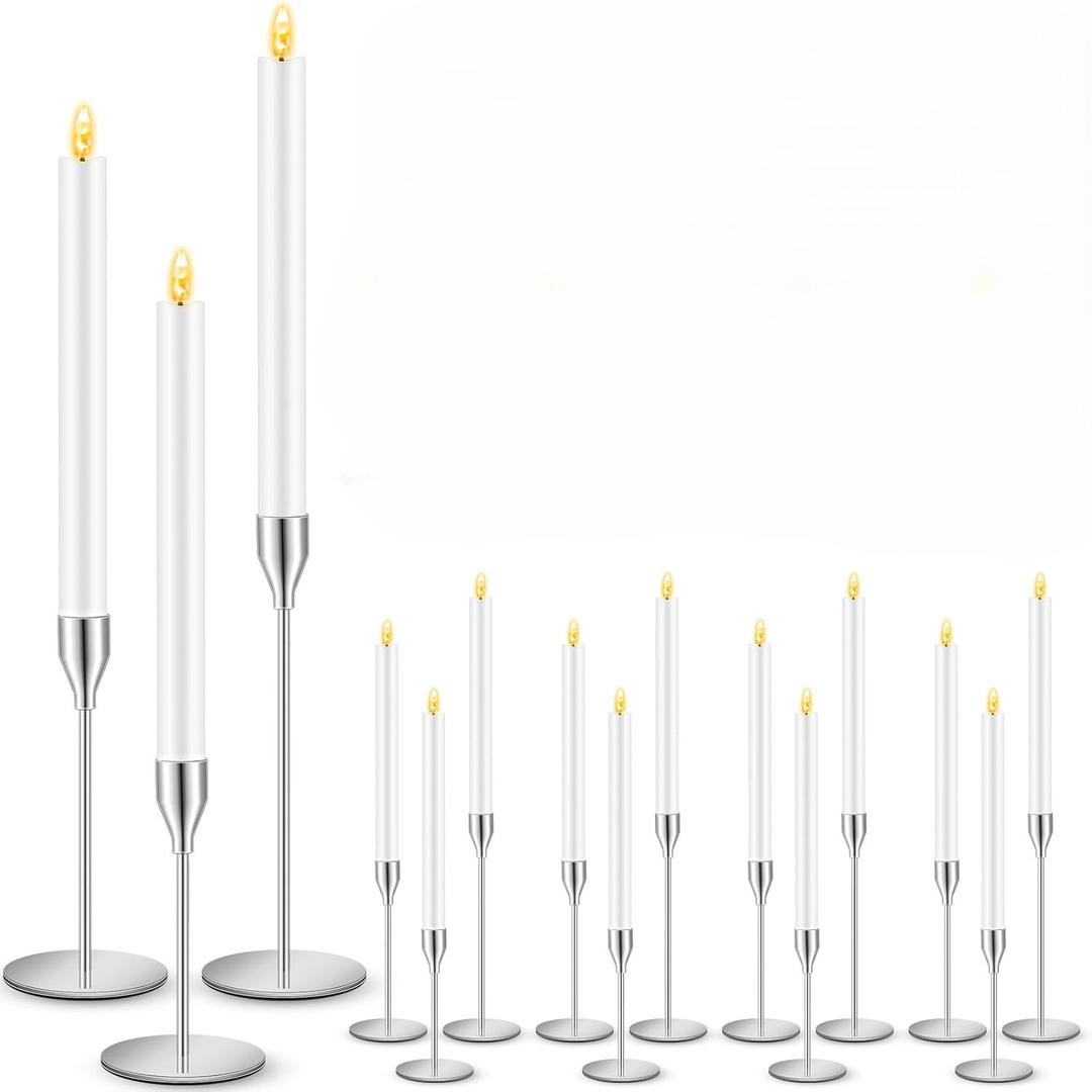 FillTouch 15 Pcs Silver Candlestick Holders with Flameless LED Candles Bulk, Silver Holders, White Candles 
