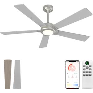 GESUM 52 Inch Smart Ceiling Fan with Light, Nickel Ceiling Fan with 5 Reversible Blades, Dimmable, 6 Speed, 3CCT, Outdoor Ceiling Fans with Remote/App Control for Patio Kitchen Bedroom (Nickel)