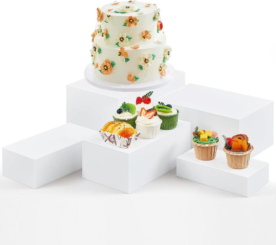 Sintuff 5 Pcs Buffet Risers and Display Stand 8" 9" 10" 11" 12" Large Acrylic Dessert Cupcake Table Stand Set White Food Display Cube for Jewelry Figure Show Decor Box Nesting Riser with Hollow Bottom