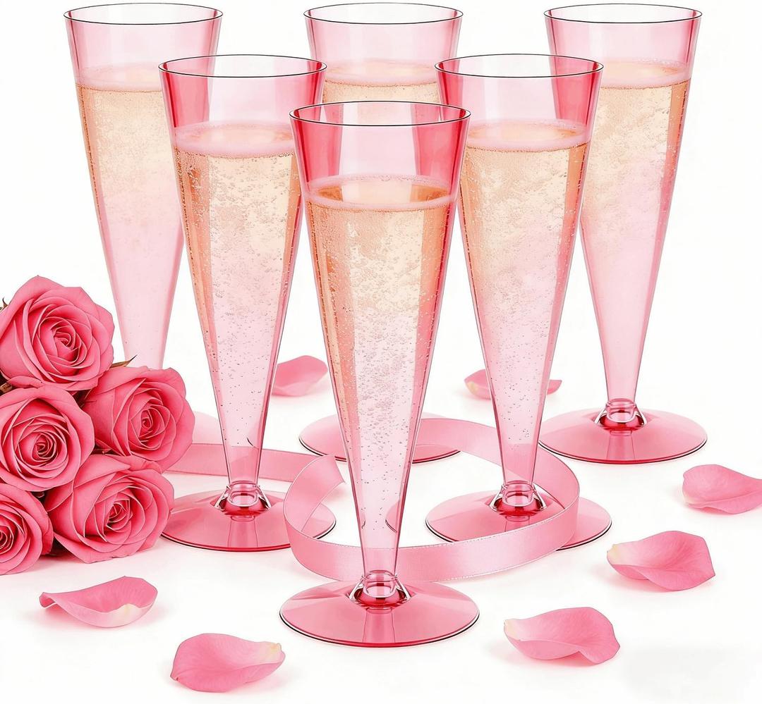 Lazyshine 40 Pack Pink Plastic Champagne Flutes Disposable Wine Glasses, 4.5 Oz Clear Mimosa Cocktail Toasting Cups Bulk for 2026 New Year Eve Party Supplies Wedding Bride, Women's Day Decor
