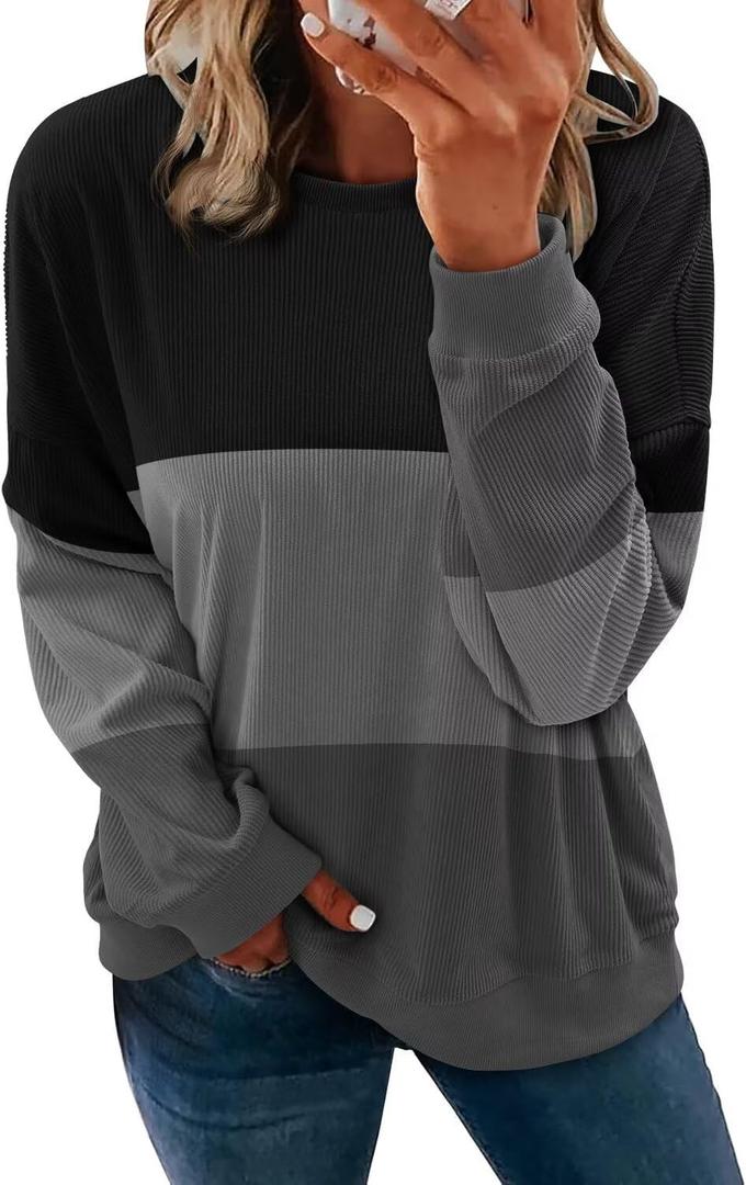 KISSMODA Women's Casual Long Sleeve Sweatshirt Color Block/Solid Crewneck Corduroy Pullover Cute Tops (E Black, Large)