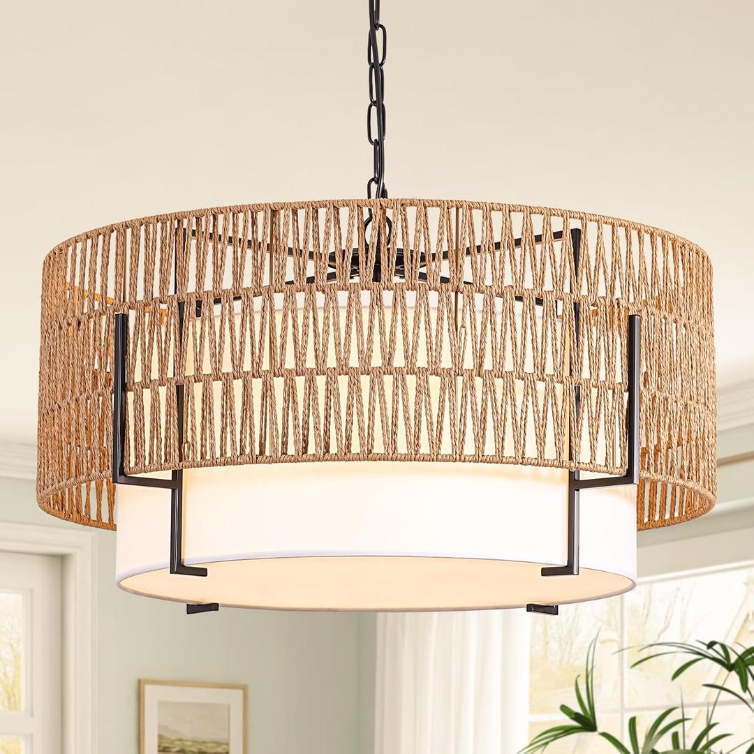 6-Light Large Rattan Chandelier for Dining Room, 25.6" Boho Pendant Light
Hand-Woven Wicker, Drum Design with Linen Shade, Bohemian & Coastal Style, for Living Room, Bedroom, Foyer, Hallway