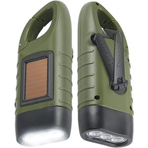 Simpeak 2-Pack Hand Crank Solar Powered Flashlight, Emergency Rechargeable LED Survival Flashlight, Quick Snap Carbiner Dynamo Flash Light Torch for Outdoor Sports, Green