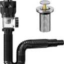 Upgraded 2 in 1 Bathroom Sink Drain Kit with Flexible P-Trap, Suitable for 1-1/4'' or 1-1/2'' PVC Drain Pipe, Pop Up Drain with Anti-clogging Sink Stopper, Ten Minutes Easily Installation (Black)
