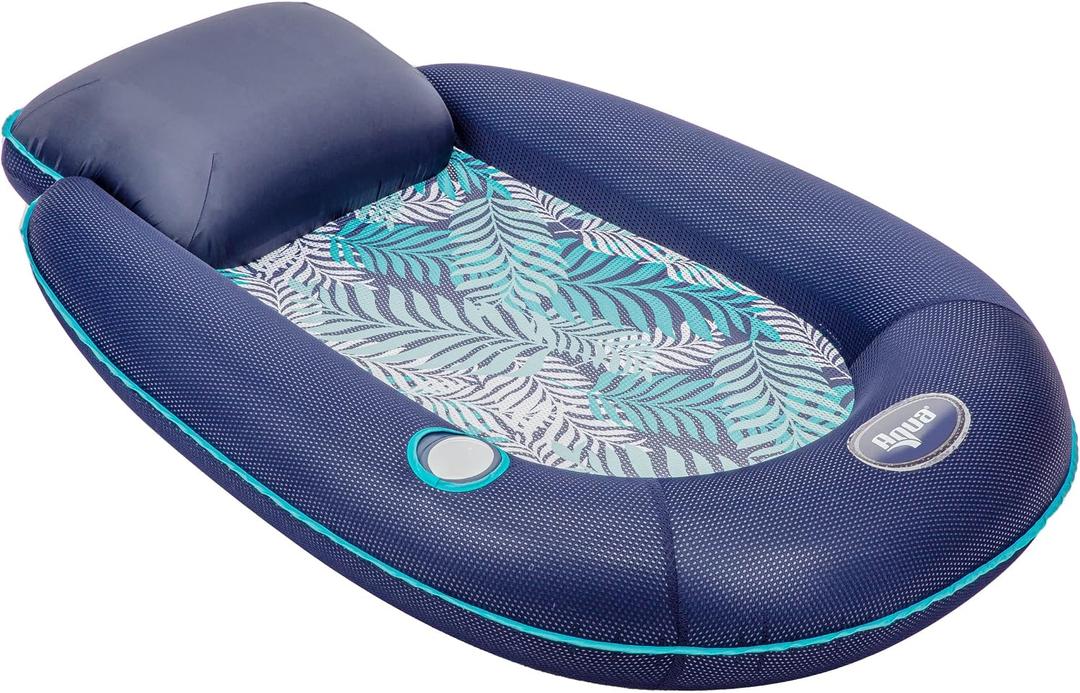 New Aqua Easy Comfort Pool Chair Float and Lounge with Cup Holder Blue Fern, Small