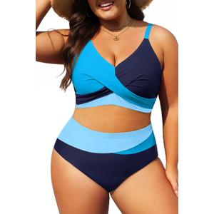 Plus Size Two Piece Swimsuit - Women High Waisted Bikini Set Tummy Control Bathing Suits (Blue), 18 Plus 