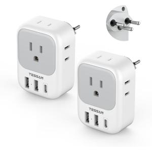 Switzerland Power Adapter 2 Pack, TESSAN Type J Adaptor with 4 Outlets 3 USB Charging Ports(1 USB C), Swiss Travel Plug for US to Switzerland, Liechtenstein, Rwanda