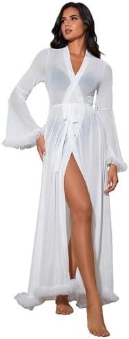 OYOANGLE Women's Ruffle Trim Long Sleeve Belted Sheer Mesh Wedding Bride Robe Nightgown Size S