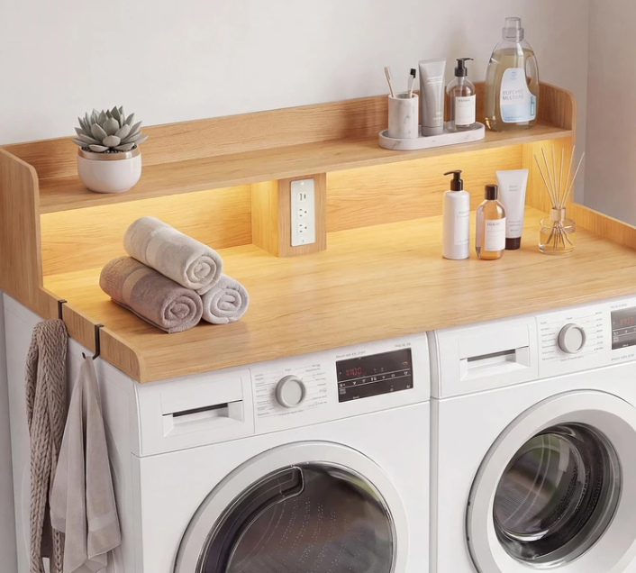 Seang 2-Tier Washer Dryer Countertop with Power Outlet & LED Lights, 27"D x 54"W Laundry Countertop for Folding Clothes, Washer and Dryer Topper with Storage Basket, Metal Hooks, Non-Slip Pad, Natural