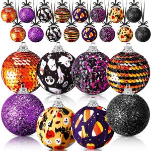 24 Pcs Halloween Ball Ornaments for Tree 2 Inch Halloween Tree Decorations Pumpkin Ghost Bat Spider Glitter Ornaments with Sequins for Party Indoor Outdoor Decor Spooky Style Decor
