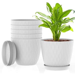 6 Inch Plant Pots, 6 Pack Flower Pots for Indoor and Outdoor Use, Planters with Drainage Holes and Saucers, White