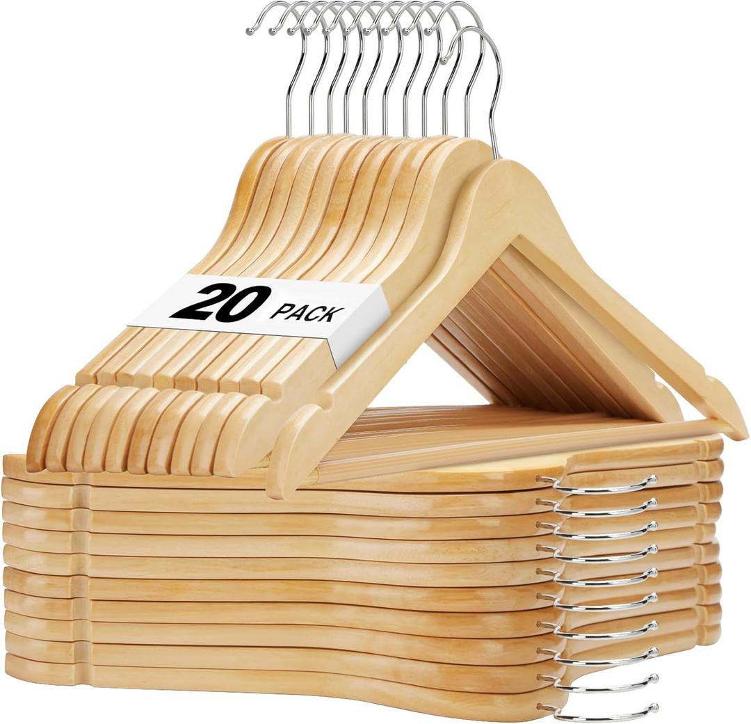 HOUSE DAY Wooden Hangers 20 Pack, Solid Wood Hanger with Non Slip Pant Bar, Heavy Duty Wooden Coat Hanger for Closet, Smooth Finish Wood Clothes Hangers for Shirts, Suits, Jackets, Dresses, Natural