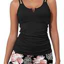 Aleumdr Womens Tankini Swimsuit Athletic 2 Piece Tummy Control Bathing Suit Modest Swim Tank Top with Shorts Flora Black Medium