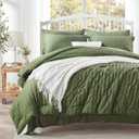 Zzlpp Queen Comforter Set 7 Pieces, Olive Green Seersucker Bed in a Bag with Comforter and Sheets, All Season Bedding Sets with 1 Comforter, 2 Pillow Shams, 2 Pillowcases, 1 Flat Sheet (01 - Olive Green)