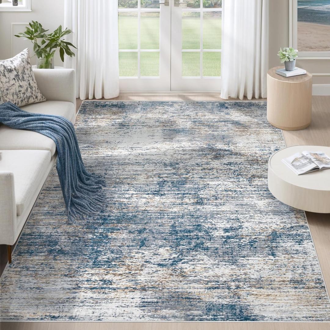 5x7 Area Rugs for Living Room, Washable Modern Abstract Large Area Rug Neutral Soft Non Slip Kids Rug Stain Resistant Indoor Carpet for Bedroom Nursery Dining Room Home Office(BlueWhite, 5'x7')
