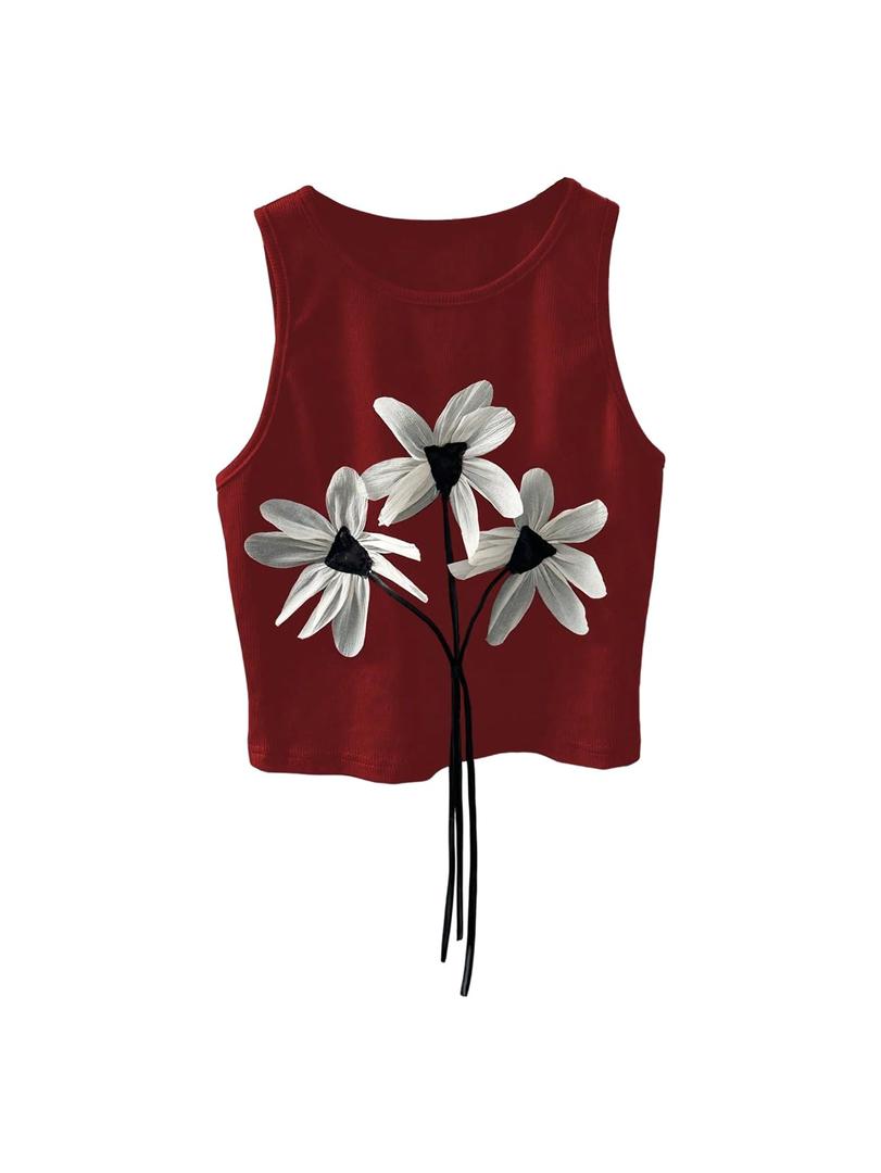 SOLY HUX Women's 3D Floral Crew Neck Sleeveless Summer Crop Tank Tops (Red, L)