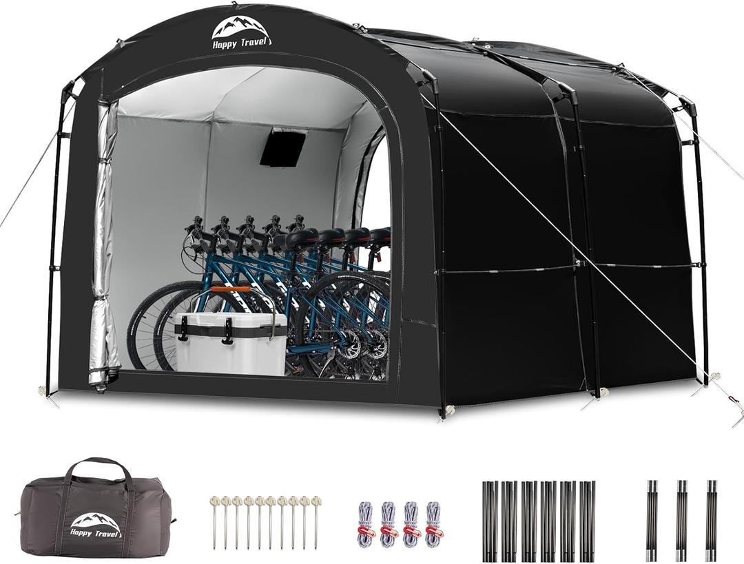 Happy Travel Bike Storage Tent, Outdoor 876.3ft Large 2-in-1 Portable Shed More 30% Top Space W/Double Doors with Mesh, Outside Lawn Mower Shelter and Bicycle Cover for Patio Furniture, Garden Tools