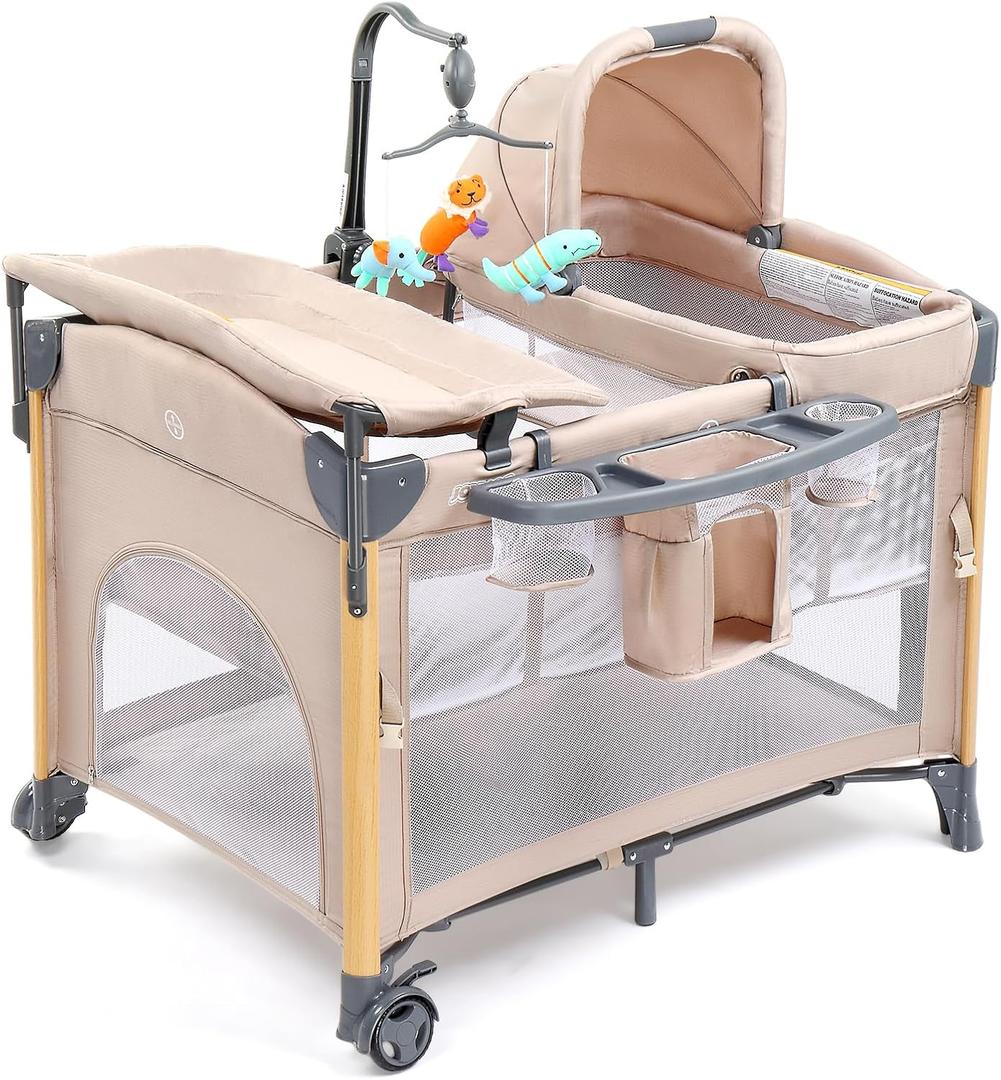 JOYMOR 7 in 1 Bedside Bassinet with Changing Table, All in One Nursery Center, Bedside Sleeper with Mattress, Sheet, Canopy, Storage Shelf (Beige), 43*30*33 inch
