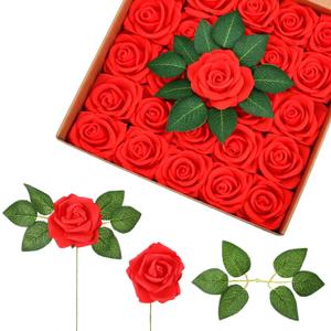 100Pcs Real Touch Red Artificial Roses with Stems - 3" x 8.5" Foam Fake Flowers Bulk for DIY Wedding Bouquets, Centerpieces, Valentine's Day Gifts & Home Decor