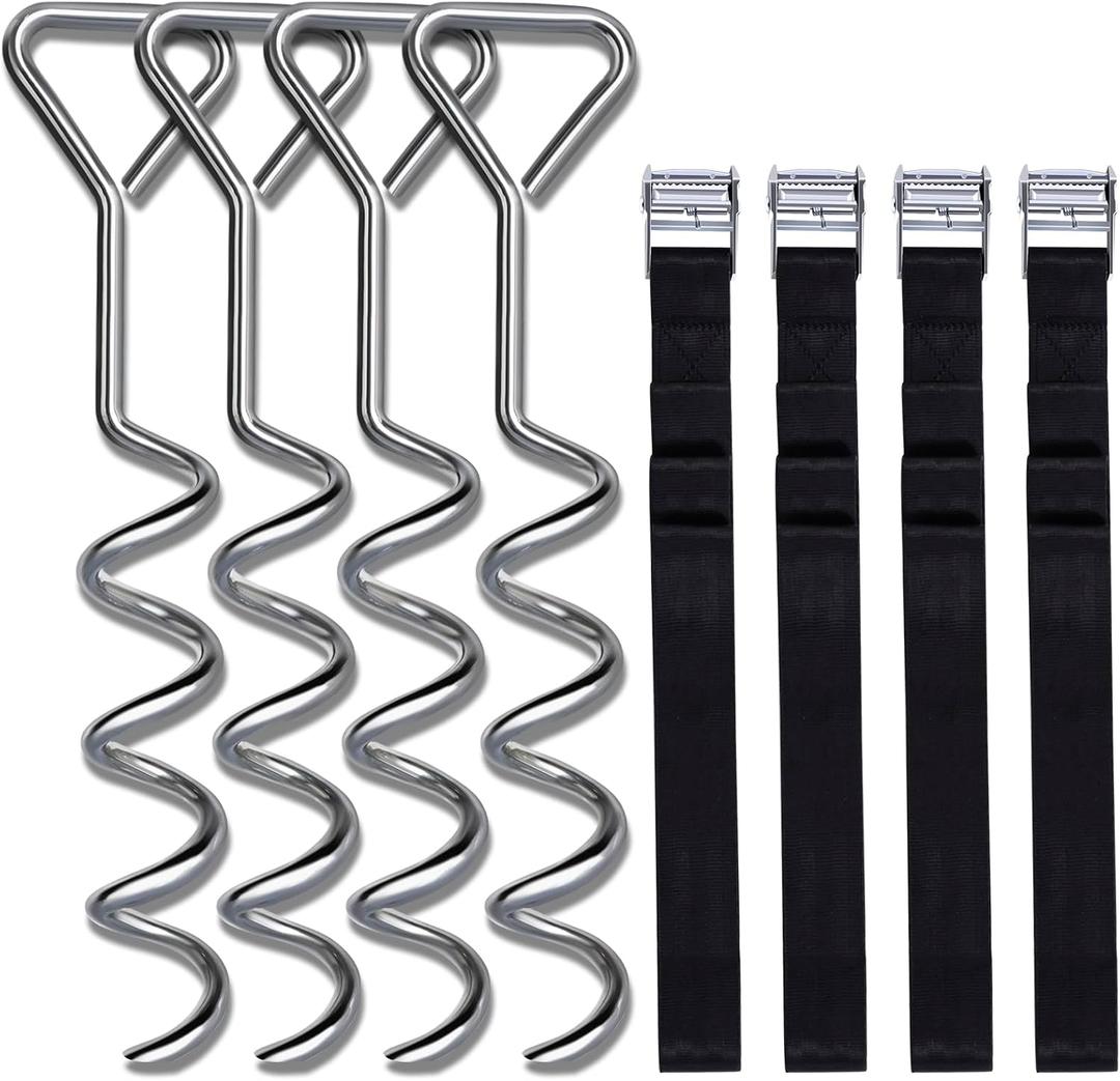 Trampoline Stakes, Corkscrew Shape Trampoline Anchor kit Steel Spiral Stakes, Heavy Duty Trampoline Parts Tie Down Kit Ground Wind Stake with Belt Straps for Trampolines Tents Swing Set of Four