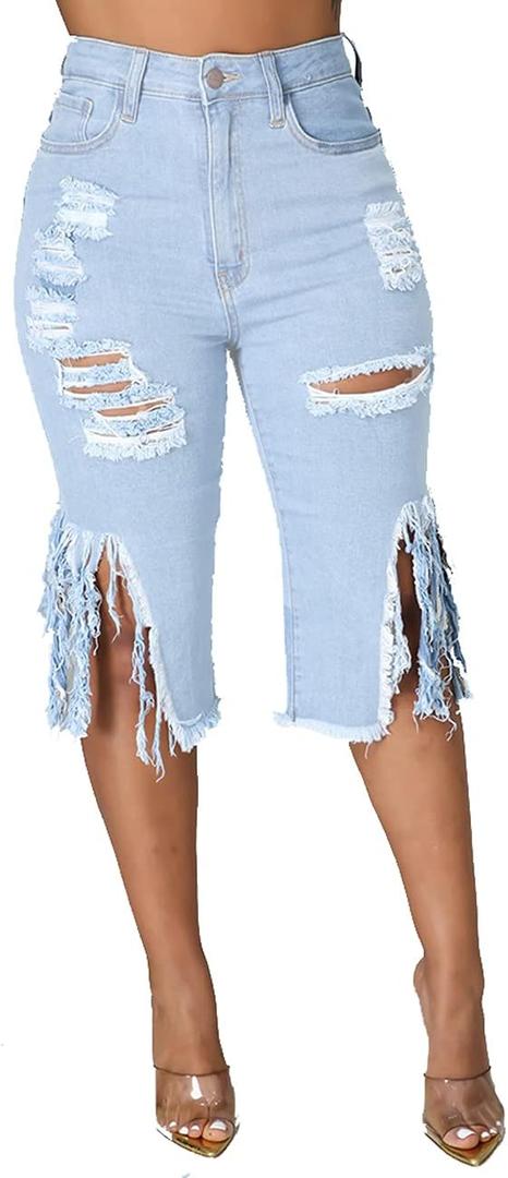 BestGirl Women's Ripped-Denim Hole Washed Distressed Mid Rise Stretchy Short Jeans (Large, B Light Blue1)