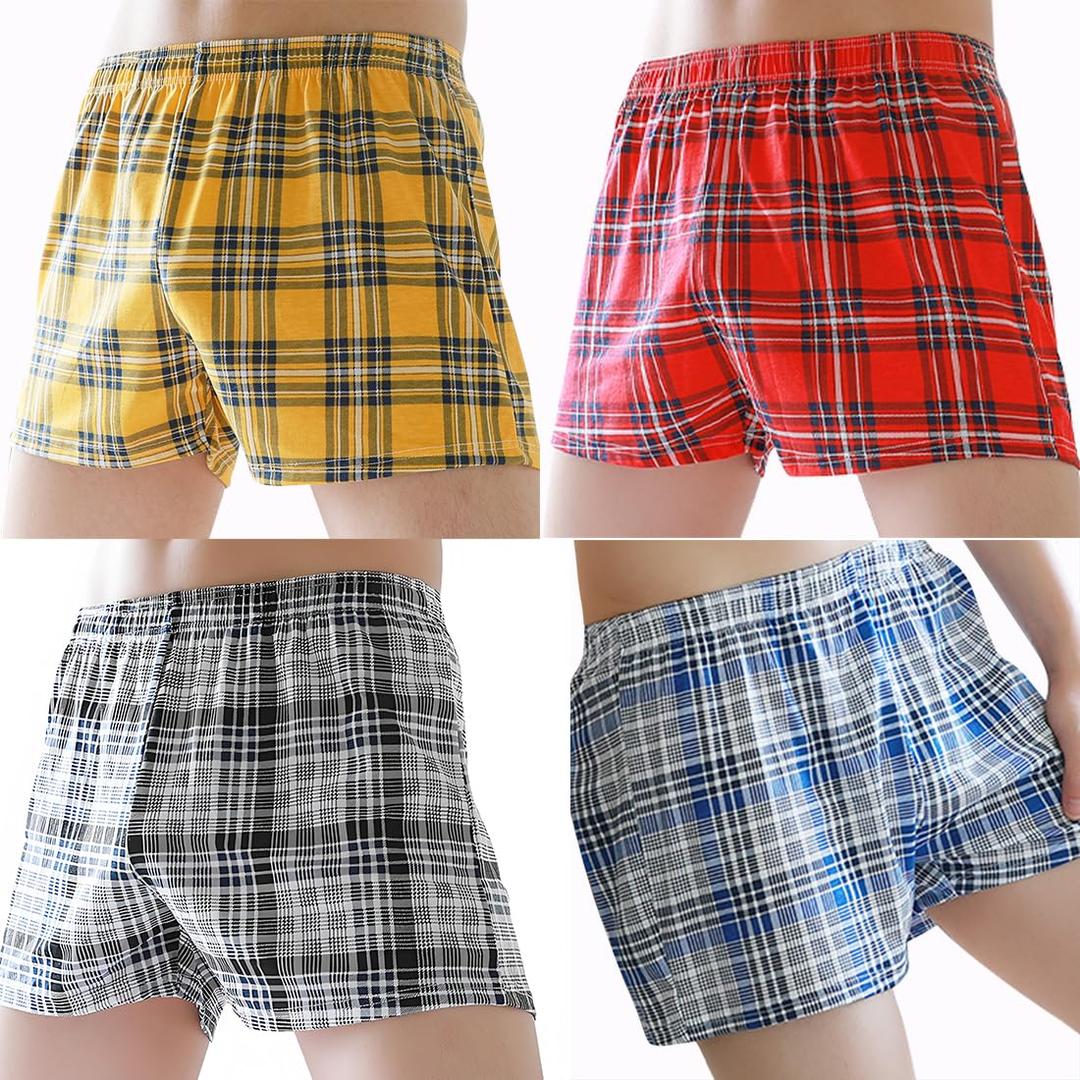 TAPUU Mens Cotton Plaid Boxer Multipack Woven Boxer Shorts (Yellow/Red/Grey/Blue 4-Pack, XL) (XL)