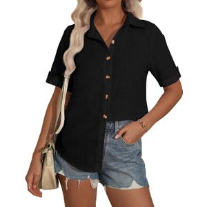 Women Linen Button Down Shirt Cotton Short Sleeve Blouses V Neck Collared Button Up 2025 Summer Beach Tops (Small, Black)