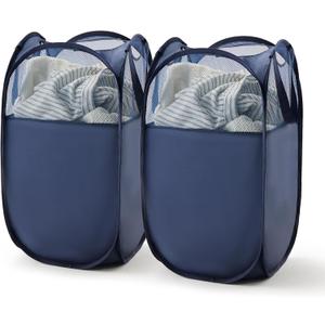 TECHMILLY Pop Up Foldable Laundry Basket, Mesh Laundry Hamper with Reinforced Handles for Dirty Clothes Storage in Dorm, Laundry Room, Bathroom, Blue(Fabric), 2 Pack