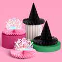xo, Fetti Witch Party Hanging Decor - Set of 4 | Pink Tiara + Black Hat | Iridescent Centerpieces, Magical Birthday Decorations, 3D Tabletop Setting