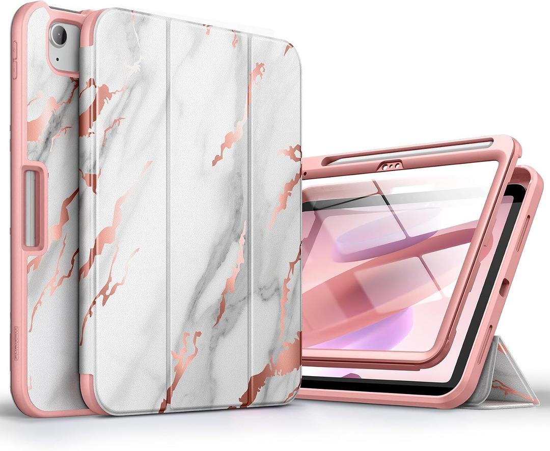 SURITCH Case for iPad (A16) 11th Generation 11 Inch 2025/iPad 10th Generation 10.9 Inch 2022, with Screen Protector, Pencil Holder Tri-fold Stand Auto Wake/Sleep Shockproof Protection, White Marble