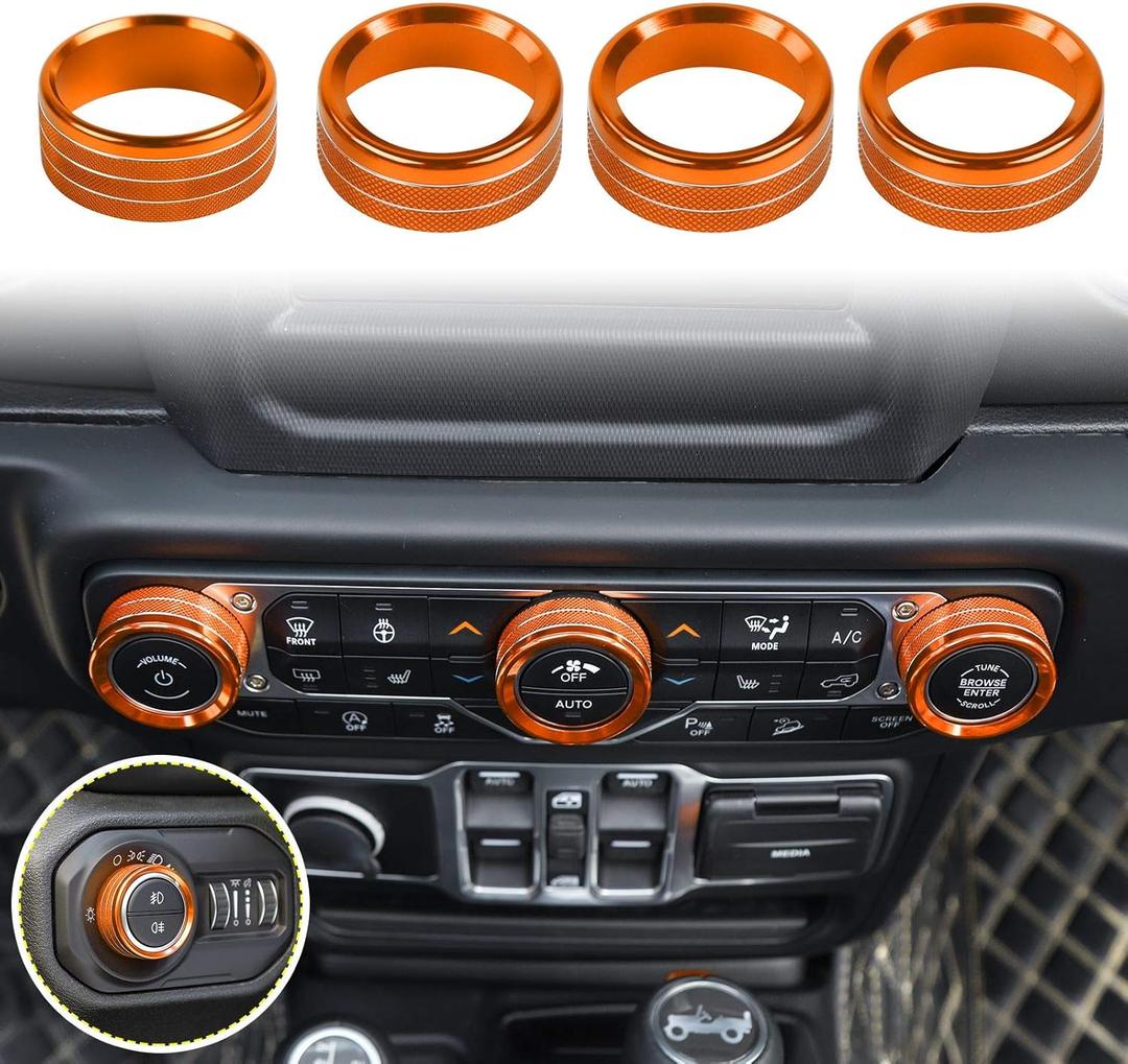 Air Conditioner Headlight Switch Knob Cover Trim for Jeep Wrangler JL JLU Gladiator JT 2018-2026 Interior Accessories, AC Light Control Dial Covers, Aluminum Alloy 4pcs – Orange