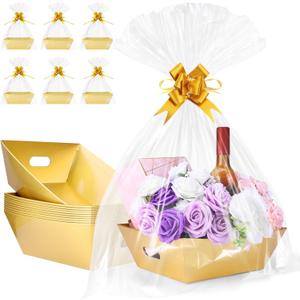 AFOROEOA 10PACK Gold Baskets For Gifts Empty, 10x12” Thick Gift Basket with 10 Bows 10 Bags Empty Gift Baskets for Christmas, Valentine’s Day, Easter, Birthdays, Valentine’s Day Wrapping Gift, Large