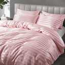 P Pothuiny 5 Pieces Satin Striped Duvet Cover Full/Queen Size Set, Luxury Silky Like Blush Pink Stripe Duvet Cover Bedding Set with Zipper Closure, 1 Duvet Cover + 4 Pillow Cases (No Comforter)