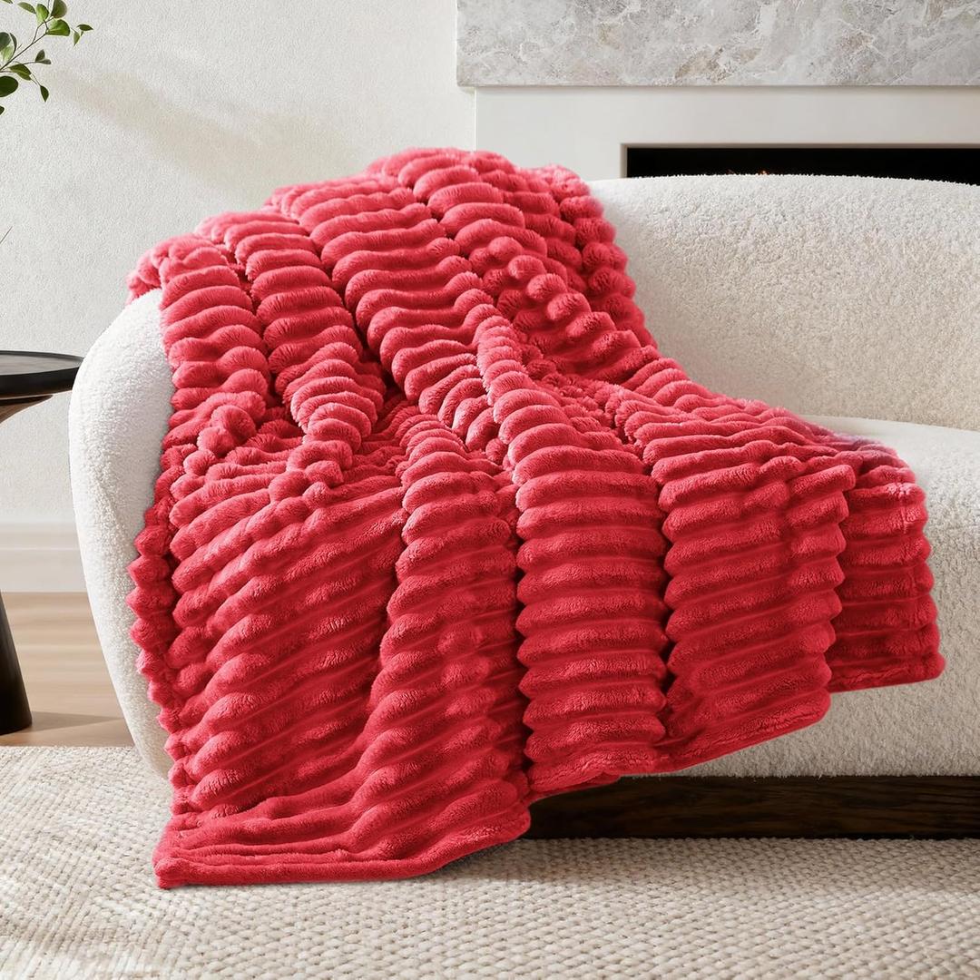 Nookly Red Twin Size Fleece Christmas Blanket, Soft Lightweight Ribbed Plush Bed Blanket, Cozy All-Season Striped Fleece Twin Throw for Bedroom and Home, 60x80 Inches