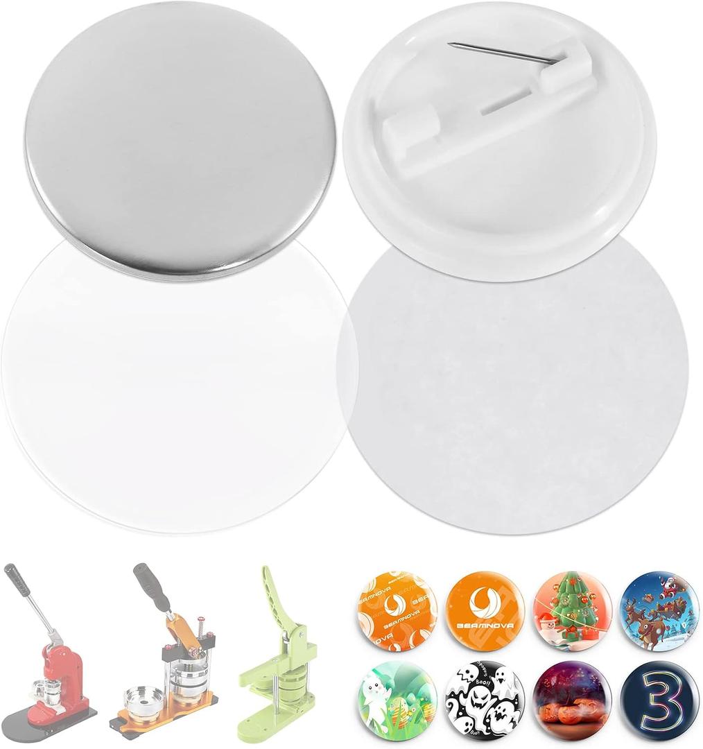 BEAMNOVA 200 Sets 37mm / 1.46 in (Approx. 1-1/2 inch) Button Maker Supplies, Fix-Pined Plastic Back, Hand Press Badge Making Refills, Blanks for Round Pin Making Machine