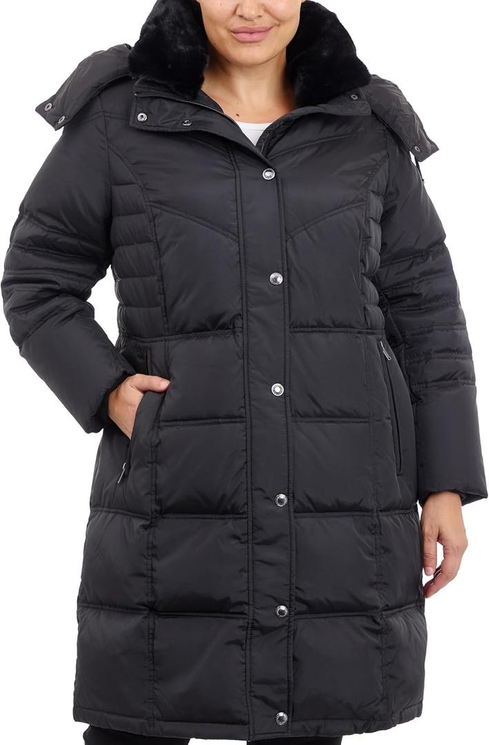 LONDON FOG womens Plus-size Mid-length Faux-fur Collar Down Coat With Hood (2X, Black)