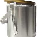 Lily's Home Double Wall Insulated Small Ice Bucket with Bamboo Lid - Stainless Steel Ice Holder with Tongs and Strainer, Ideal for Parties,Camping,Kitchen, Tiki Bar, Cocktail Bar, Portable & Mini, 1.3L