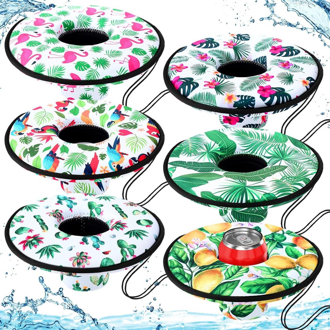 Funnymoom 6 Pcs Neoprene Floating Drink Holder Floating Coaster Pool Drink Floats Pool Beer Holder with Rope for Summer Theme Party Tub Lake Boat Water, Medium Size(Tropical Style)
