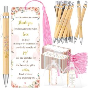 Gilprop 50 Sets Baby Shower Favors for Guests Includes 50 Baby Shower Ballpoint Pens 50 Thank You Bookmarks 50 Organza Bags for Gender Reveal Gifts Guest Prizes(Floral,Pink)