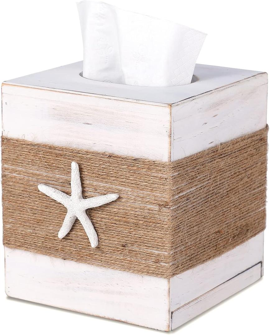 SOMTO Beach Rustic White Wood Square Tissue Box Cover,Farmhouse Bathroom Accessories Starfish Decor Tissue Holder with Slide-Out Bottom Panel