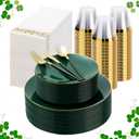 350 Pieces Green Gold Plastic Dinnerware Set, Gold Disposable Plates for Party, Include 100 Green Plates with 150 Plastic Cutlery, 50 Napkins and 50 Cups