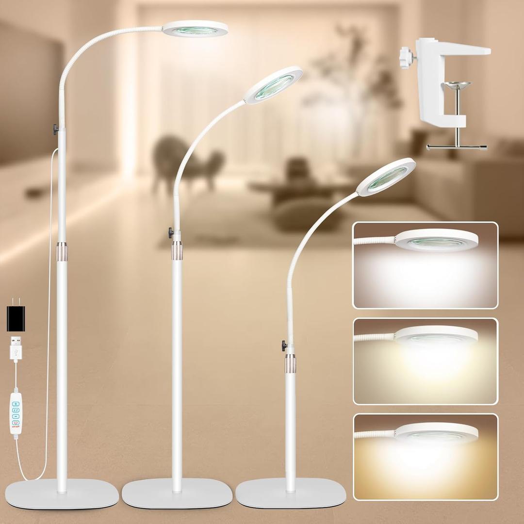 HITTI 10X Magnifying Glass with Light and Clamp, Hands Free Magnifying Floor Lamp with Flexible Gooseneck, 3 Color Stepless Dimmable LED Lighted Magnifier Light Stand for Esthetician Craft Close Works (White)