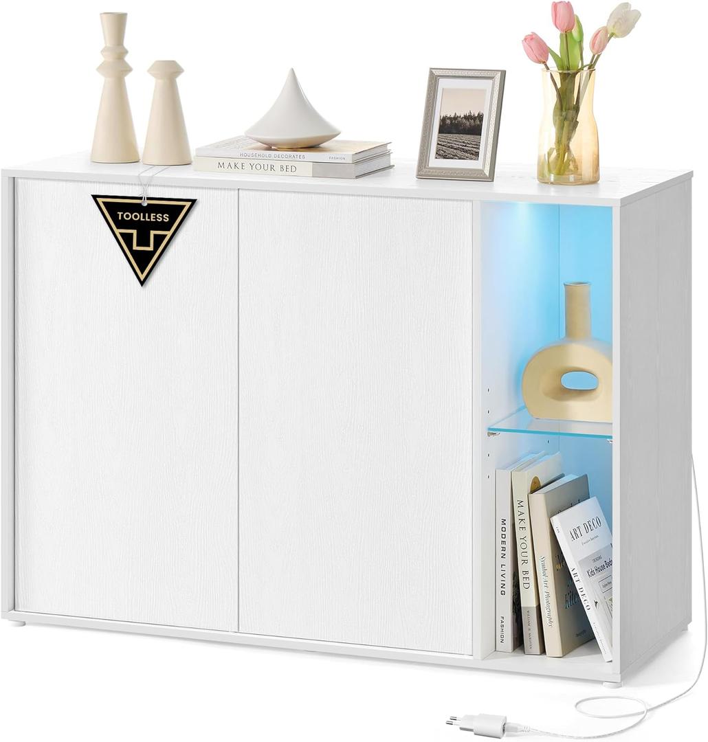 SONGMICS HOME Storage Cabinet, Superfast Toolless Assembly, Accent Buffet Cabinet with Lighting and Glass Shelf, Sideboard for Living Room, Snow White UBBK372W02 (1 Pack)