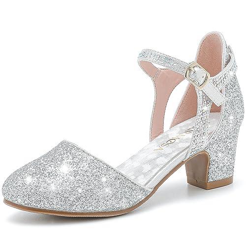 LAURMOSA Heels for Girls Silver Dress Shoes Girl Sandals for Wedding Party Dinner Closed Toe Low Chunky Block Ankle Strap Pump Shoes for Little Big Kids(L1013Silver 4)