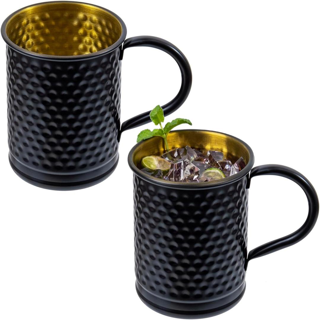 MyGift 18 oz Moscow Mule Mugs, Set of 2 Matte Black Cocktail Drinking Cups with Handles and Gold Tone Interior, Metal Cup Hammered Finish
