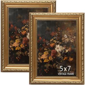 ASTRDECOR 5x7 Vintage Gold Picture Frame, Ornate Antique Photo Frame 5 x 7 with HD Glass, Retro Decorative Frame for Tabletop or Wall Display, Classic Home Dcor - 2 Pack