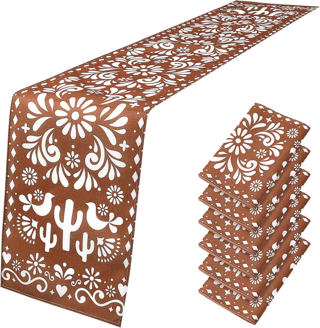 Hahafelt 6 Pcs Mexican Talavera Cielito Lindo Table Runner 71 x 13'' Linen Baby Shower Home Decor Traditional Cinco De Mayo Dia De Los Muertos Day of The Dead Fiesta Party Decoration Supplies (Brown)